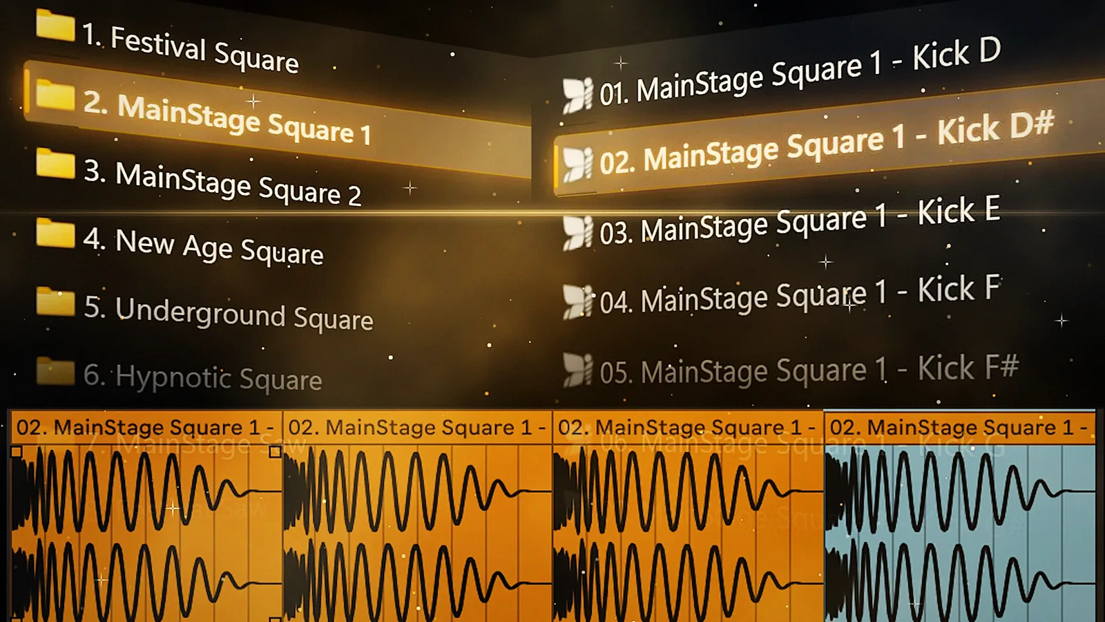 The pack's style folders, the MainStage Square 1 kicks in every key, and four kick clips laid out in Ableton