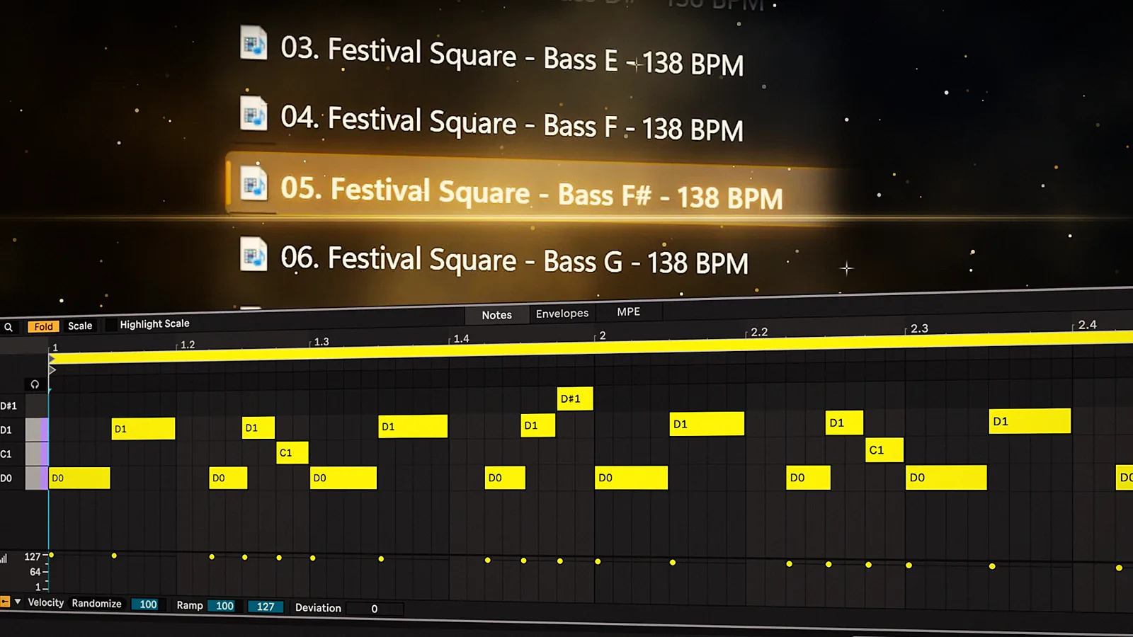 The Festival Square MIDI files in every key, and one bass loop open in Ableton's piano roll