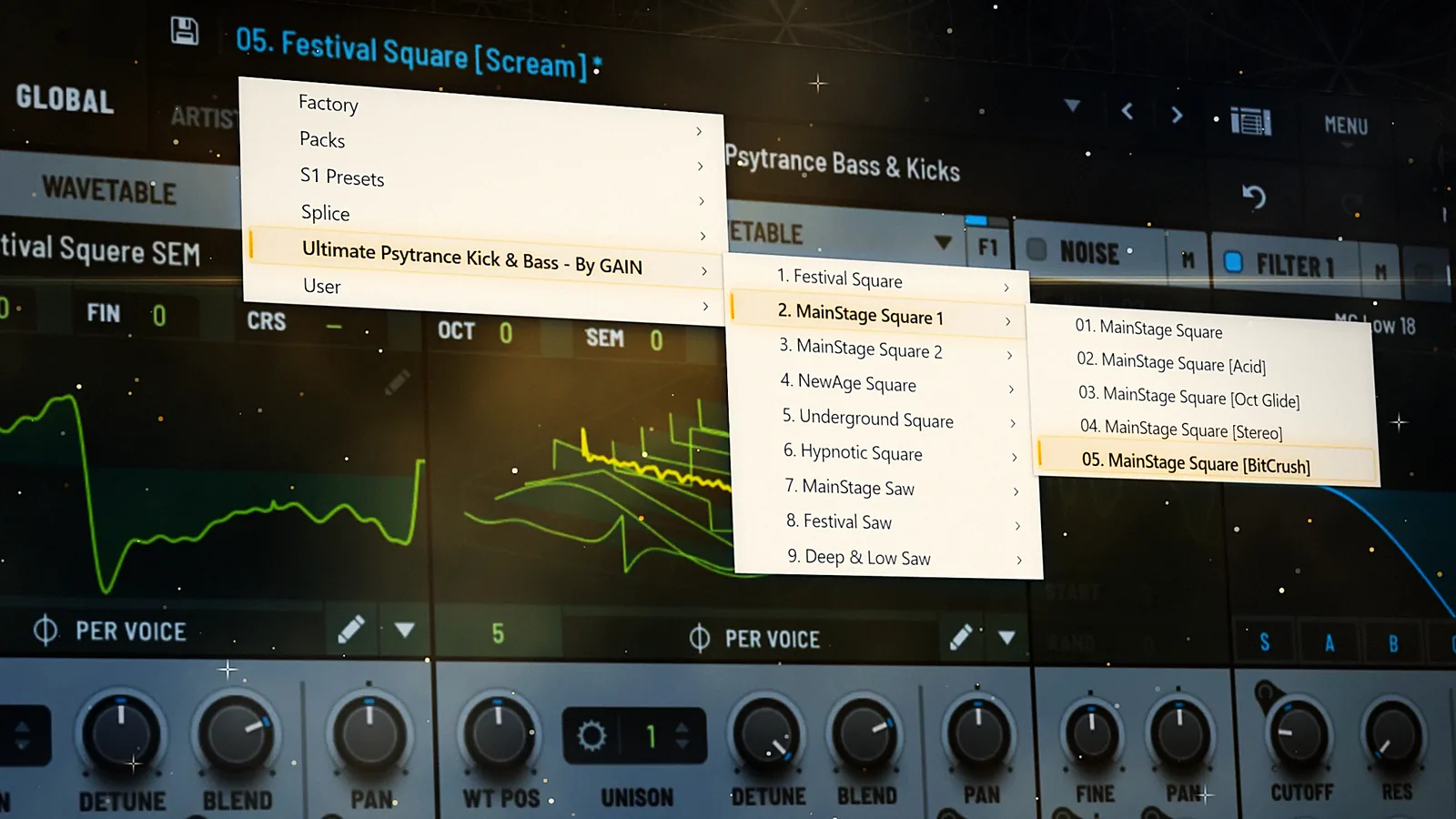 Serum 2 preset browser open on the Ultimate Psytrance Kick & Bass folder, showing the nine styles and the MainStage Square 1 variations